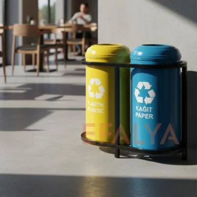 Modern bir kafeterya ve yemekhane köşesinde, beton bir duvar önünde konumlandırılmış; siyah metal şaseli, sarı (plastik) ve mavi (kağıt) renkli 2li kafes tipi renkli atık standı.