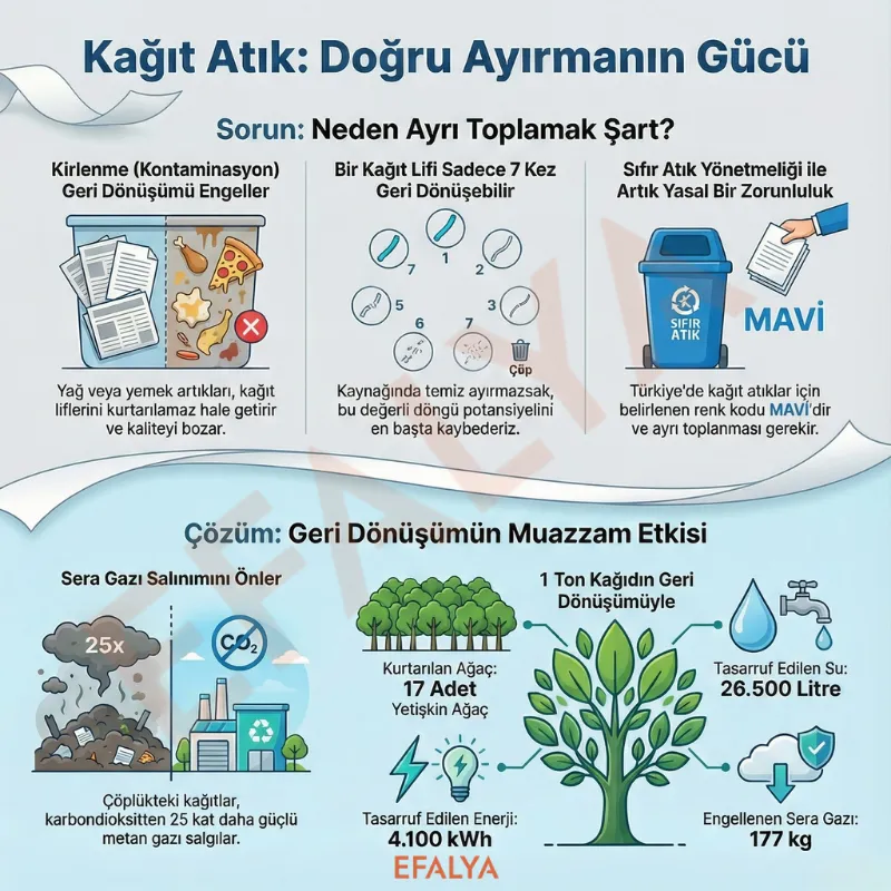 Mavi geri dönüşüm kutusuna giren temiz kâğıtların yeşil bir ormana ve origami kuşlarına dönüştüğünü, kirli atıkların ise dışarıda kaldığını gösteren yaratıcı illüstrasyon.
