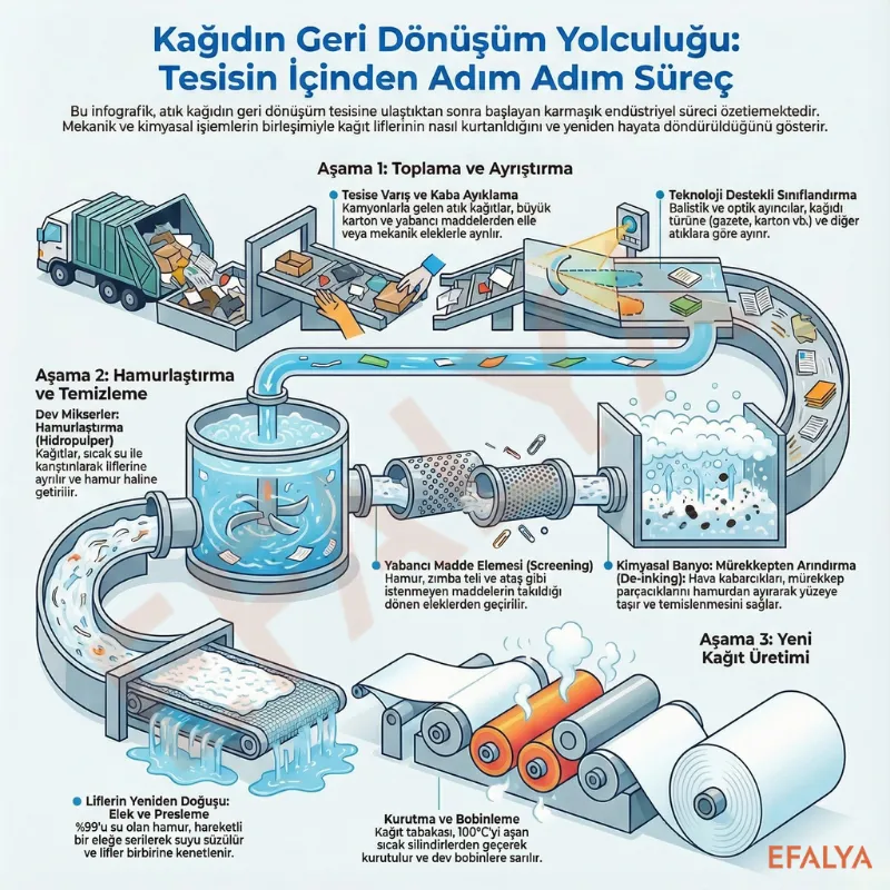 Mavi geri dönüşüm kutusuna giren temiz kâğıtların ormana ve origami kuşlarına dönüştüğü, kirli atıkların ise dışarıda kaldığı yaratıcı sürdürülebilirlik illüstrasyonu.