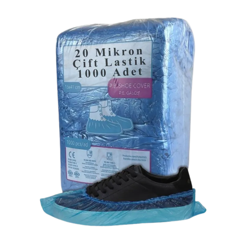 20 mikron kalınlığında çift lastikli kaliteli mavi ayakkabı galoşu 1000 adet paket görseli.