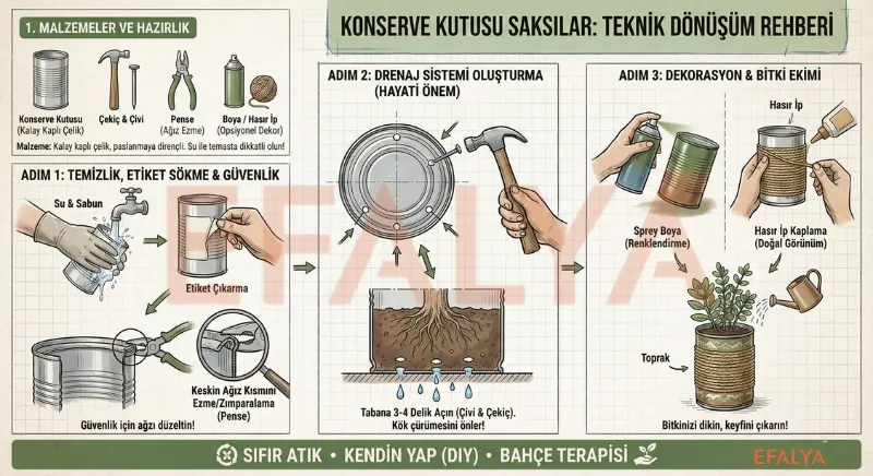 Konserve kutusu saksı yapımı; teneke kutu temizliği, drenaj delikleri oluşturma ve hasır ip dekorasyon rehberi.