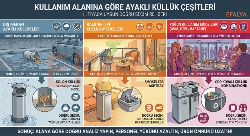 Dış mekan, balkon ve yoğun kullanım alanları için uygun kolon küllük, smokeless ashtray ve çöp kovalı küllük çeşitleri rehberi.