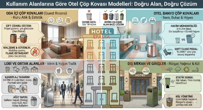 Otel odası, banyo, lobi ve dış mekanlar için teknik özelliklerine göre doğru çöp kovası seçim rehberi infografiği.