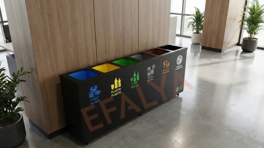 Efalya marka 6 bölmeli mat siyah metal sıfır atık geri dönüşüm ünitesi ve renkli atık ikonları.