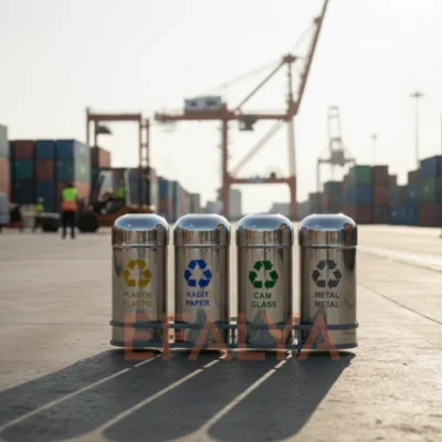 Uluslararası bir konteyner limanında, vinçler ve nakliye konteynerleri önünde konumlandırılmış; plastik, kağıt, cam ve metal bölmelerine sahip domed kapaklı 4lü paslanmaz çelik sıfır atık ünitesi.