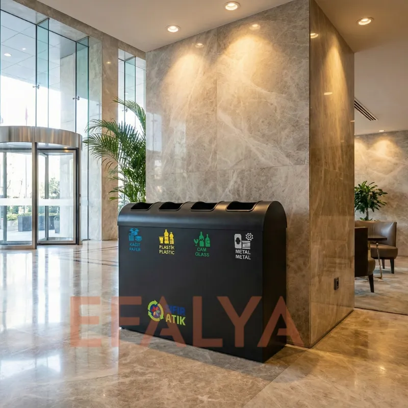 Lüks bir plaza girişinde, mermer duvarlar ve döner kapı yanında konumlandırılmış; kâğıt, plastik, cam ve metal bölmeli, bombeli kapak tasarımlı mat siyah 4’lü sıfır atık ayrıştırma kutusu.