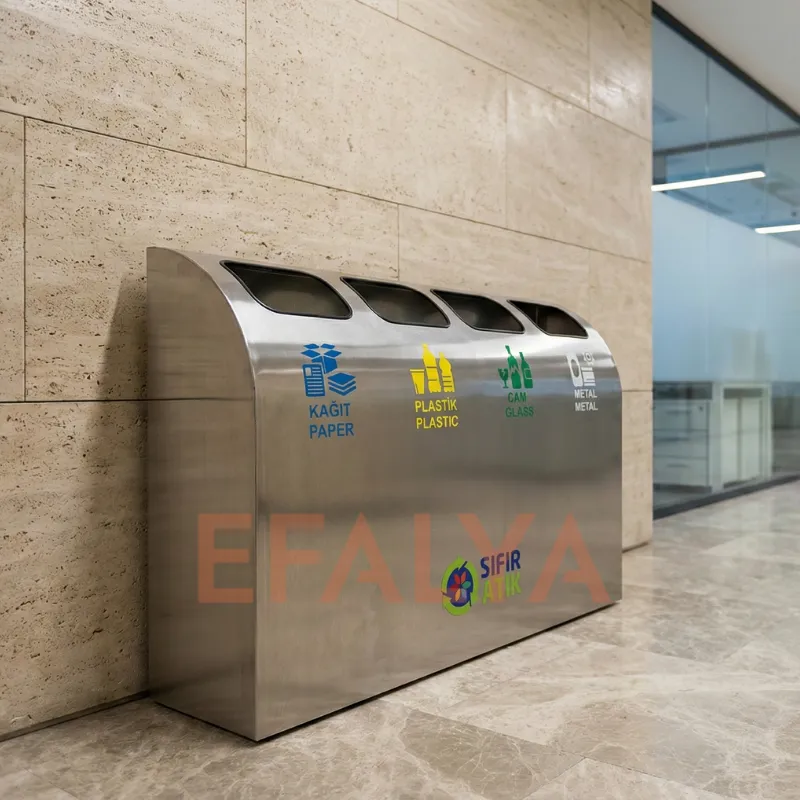 Modern bir plaza koridorunda, mermer duvar önünde konumlandırılmış; kâğıt, plastik, cam ve metal bölmeli, bombeli kapak tasarımlı 304 kalite paslanmaz çelik 4’lü sıfır atık toplama seti.