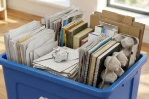 Mavi geri dönüşüm kutusu içerisine düzenli şekilde yerleştirilmiş gazeteler, dergiler, kitaplar, karton koliler ve yumurta viyolleri; doğru ayrıştırılmış temiz kağıt atıklar.