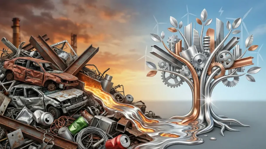 Paslı hurda arabalar ve metal atık yığınlarının ergitilerek fütüristik binalar ve dişlilerden oluşan parlak bir metal yaşam ağacına dönüştüğünü gösteren sanatsal konsept görseli. Metal geri dönüşümünün sürdürülebilir geleceğe katkısını sembolize eder.