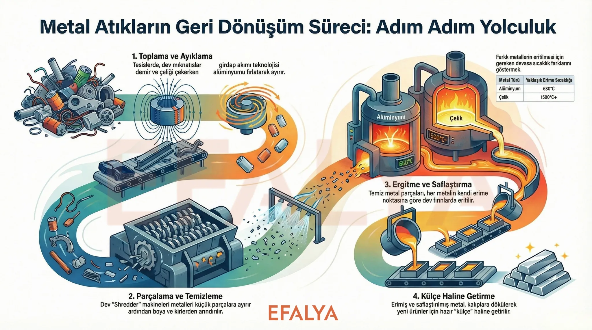 Paslı hurda araçların ve metal atık yığınlarının ergitilerek modern binalardan ve çelikten oluşan bir yaşam ağacına dönüştüğünü gösteren sanatsal döngüsel ekonomi görseli.