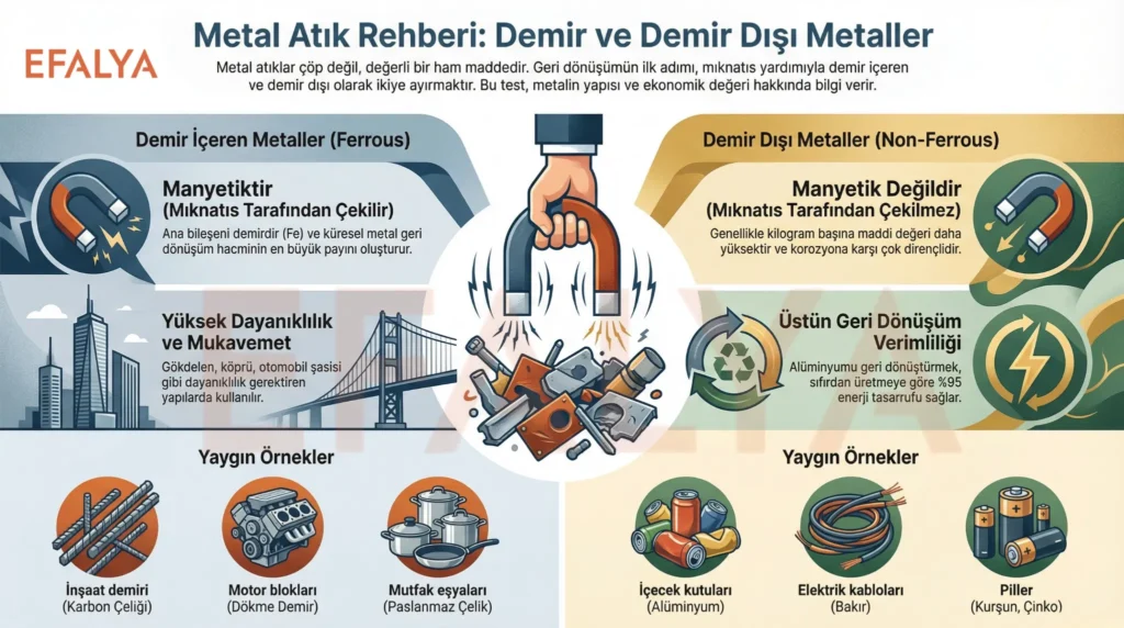 Hurda otomobil ve metal yığınlarından filizlenen, üzerinde modern binaların ve dişlilerin olduğu parlak bir metal yaşam ağacı. Metalin sonsuz geri dönüşüm döngüsünü simgeleyen sanatsal illüstrasyon
