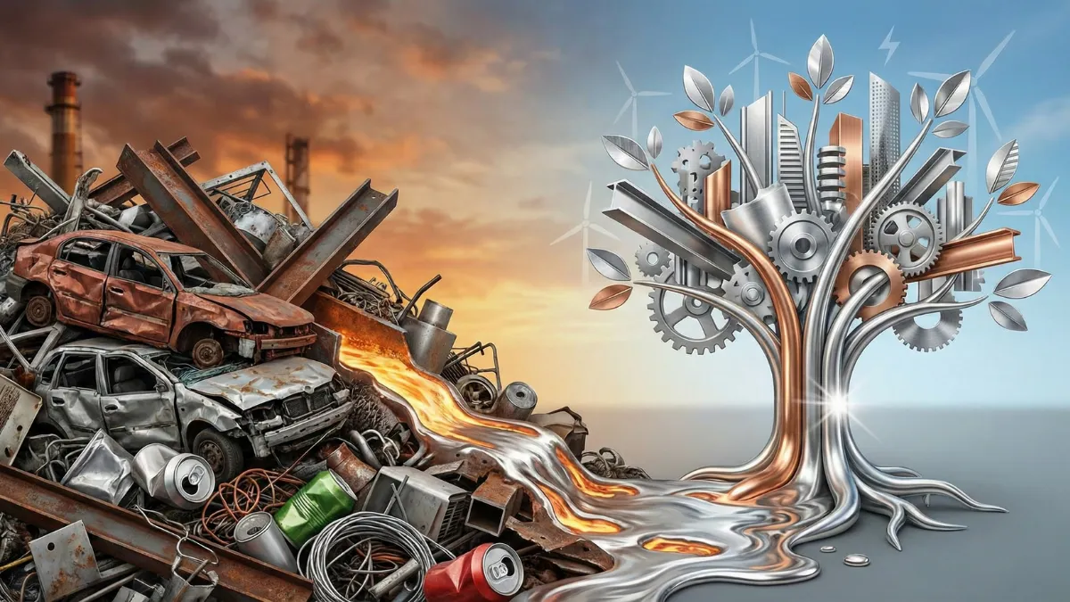 Paslı hurda arabalar ve metal atık yığınlarının ergitilerek fütüristik binalar ve dişlilerden oluşan parlak bir metal yaşam ağacına dönüştüğünü gösteren sanatsal konsept görseli. Metal geri dönüşümünün sürdürülebilir geleceğe katkısını sembolize eder.