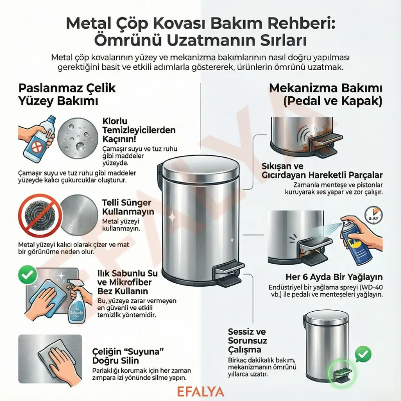 Paslanmaz çelik çöp kovası bakım ve temizlik rehberi infografiği. Görselde metal yüzeyler için doğru temizlik yöntemleri (mikrofiber bez, sabunlu su), kaçınılması gereken maddeler (klor, tel sünger) ve pedal mekanizması yağlama adımları gösterilmektedir.