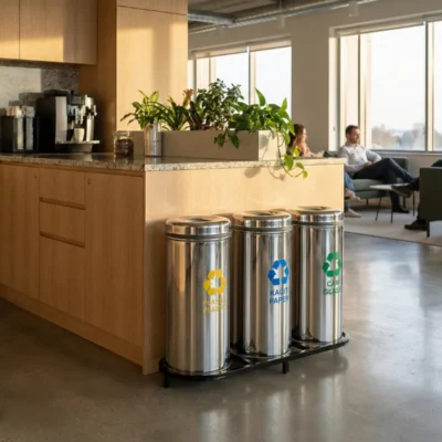Modern bir ofis mutfağında kahve köşesi ve bitkilerle dekore edilmiş tezgah yanında konumlandırılmış 3 bölmeli paslanmaz çelik sıfır atık çöp kovaları ünitesi.