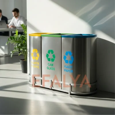 Aydınlık ve modern bir ofis ortamında, yeşil bitki ve çalışan figürleri yanında konumlandırılmış; 304 kalite paslanmaz çelikten üretilen, sarı (plastik), yeşil (cam) ve mavi (kâğıt) bölmeli oval 3lü sıfır atık seti.