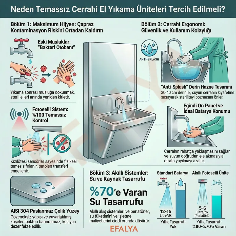 Temassız cerrahi el yıkama ünitelerinin avantajlarını, %70 su tasarrufu verilerini ve 304 kalite paslanmaz çelik yüzey özelliklerini açıklayan teknik infografik.