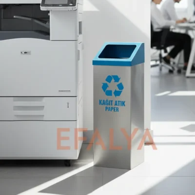 Modern bir ofis ortamında büyük bir fotokopi makinesinin yanında konumlandırılmış; mavi açık kapaklı, üzerinde "KAĞIT ATIK PAPER" logosu bulunan 304 kalite paslanmaz çelik tekli geri dönüşüm kutusu.