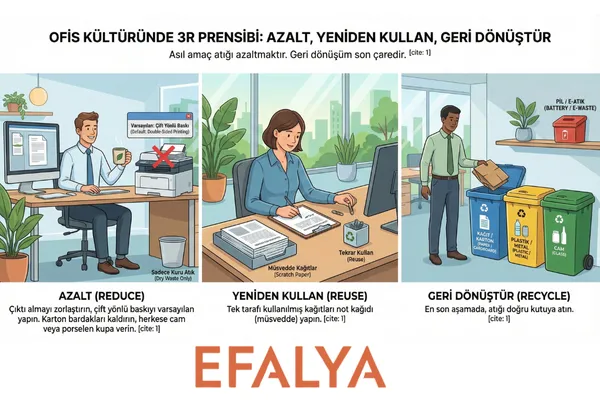 Modern ofislerde sıfır atık yönetimi için mavi kağıt, sarı plastik ve yeşil cam geri dönüşüm kutularını kullanarak atık ayrıştırma yapan çalışanlar.