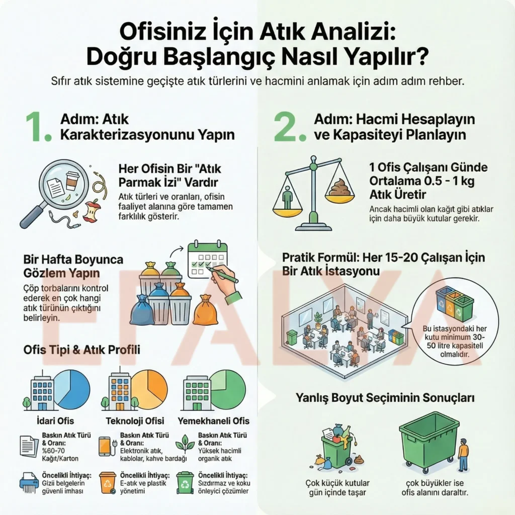 Ofis sıfır atık sistemine geçişte atık karakterizasyonu yapma, çalışan başına düşen atık hacmini hesaplama ve ofis tipine göre atık profilini belirleme adımlarını anlatan EFALYA rehber infografiği.