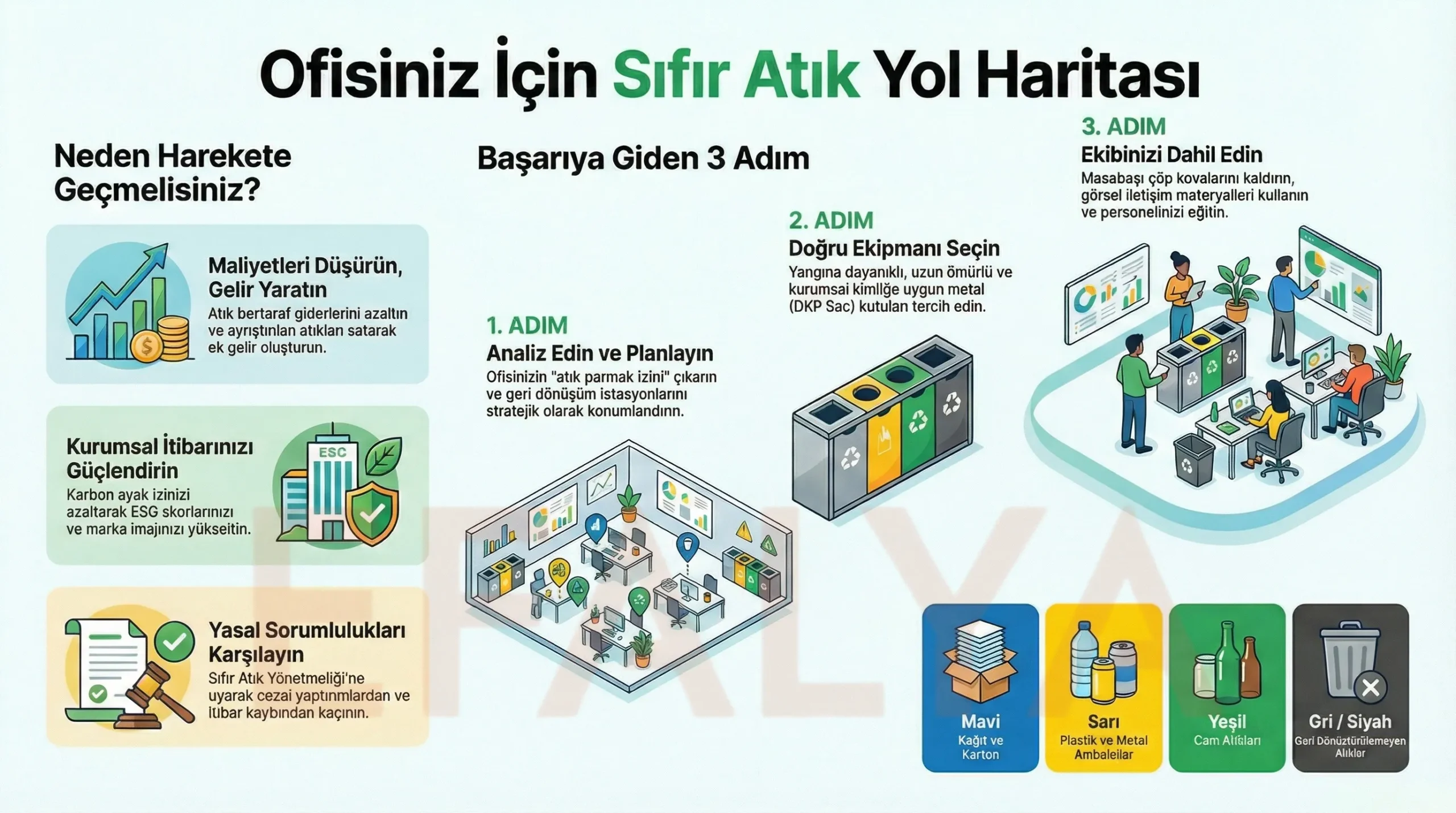 Ofisler için sıfır atık yönetimi yol haritasını, harekete geçme nedenlerini (maliyet, itibar, yasal) ve başarıya giden 3 adımı (analiz, ekipman seçimi, ekip eğitimi) anlatan detaylı EFALYA infografiği.