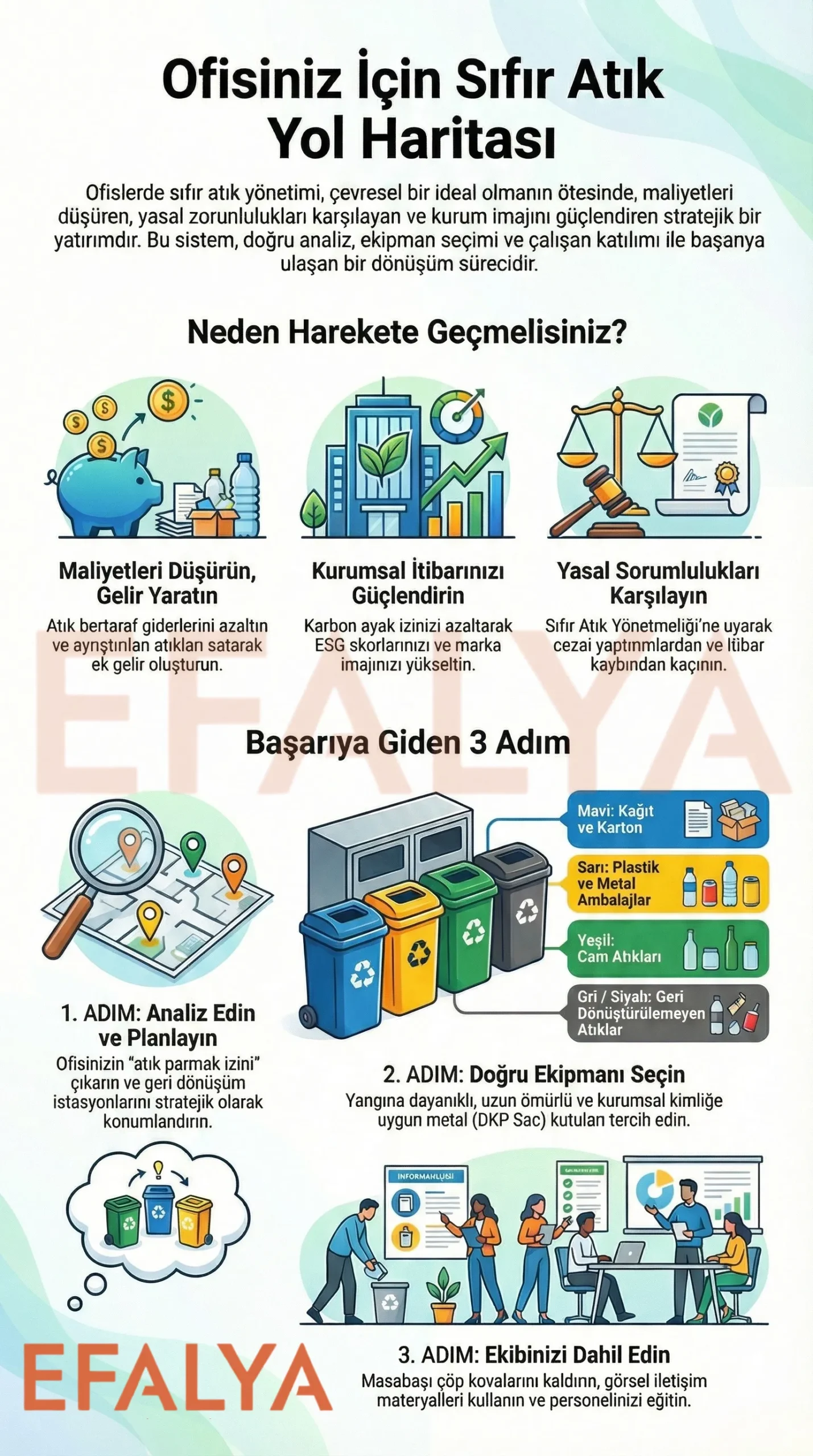 Ofislerde sıfır atık yönetimi sistemini kurmak için gereken maliyet, itibar ve yasal nedenleri açıklayan ve başarıya giden 3 adımlı uygulama planını gösteren EFALYA yol haritası infografiği.