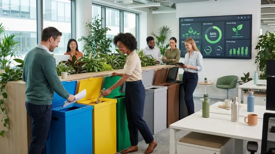 Modern ofis ortamında sıfır atık yönetimi uygulaması için mavi, sarı ve yeşil renkli geri dönüşüm kutularını kullanan ve kağıt plastik ayrıştırması yapan çalışanlar.