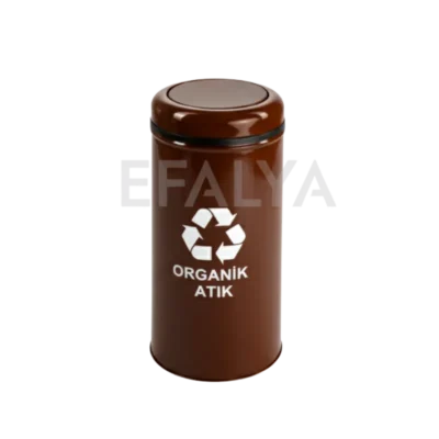 Kahverengi silindir metal gövdeli, üzerinde geri dönüşüm ve organik atık yazısı bulunan 30x66 cm atık kutusu.