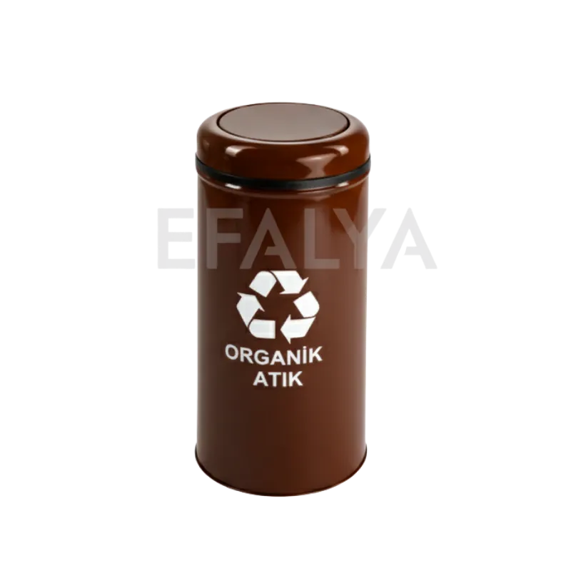 Kahverengi silindir metal gövdeli, üzerinde geri dönüşüm ve organik atık yazısı bulunan 30x66 cm atık kutusu.