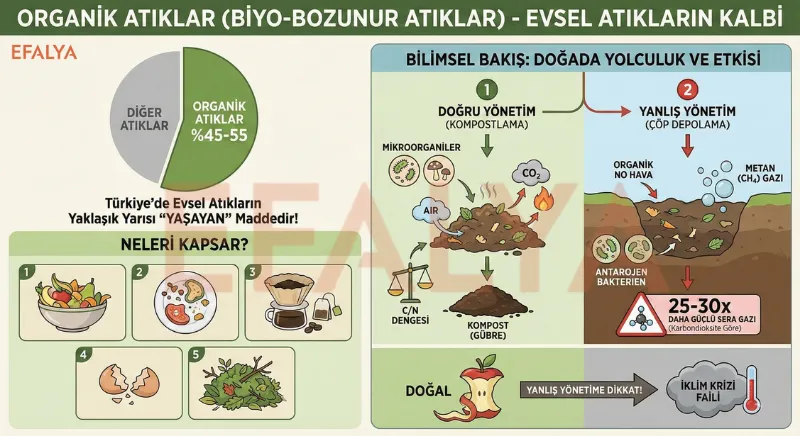 Organik evsel atık çeşitleri, kompostlama süreci ve çöp depolama sahalarındaki metan gazı oluşumunu gösteren bilimsel şema.