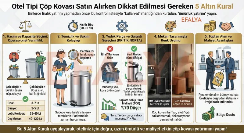 Otel tipi çöp kovası satın alırken dikkat edilmesi gereken kapasite, bakım, yedek parça, tasarım ve maliyet kriterleri kontrol listesi.