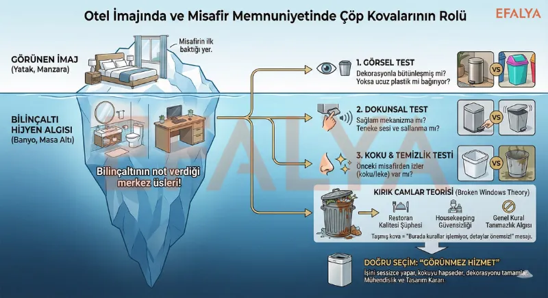 Otelcilikte misafir memnuniyeti ve hijyen algısında çöp kovasının rolünü anlatan buzdağı modeli infografik.