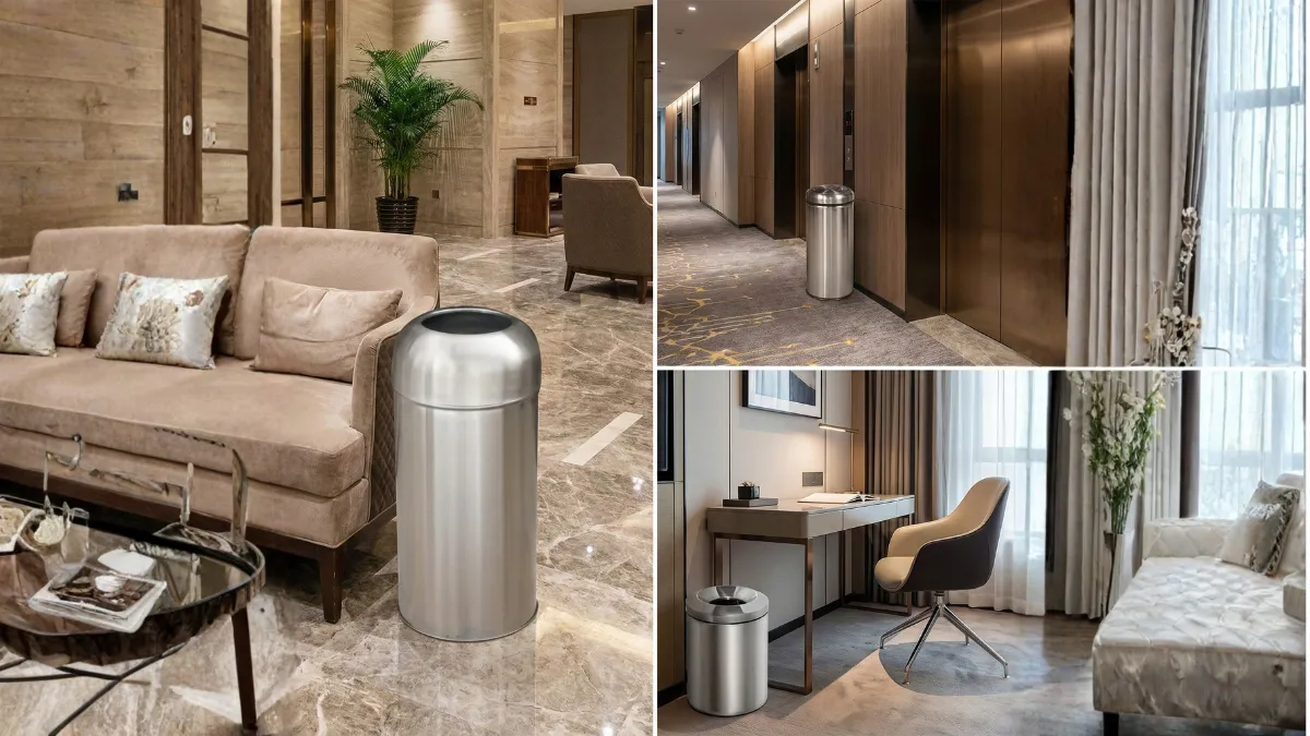 Lobi, otel koridoru ve misafir odası için modern tasarımlı paslanmaz çelik satine yüzeyli çöp kovası modelleri.