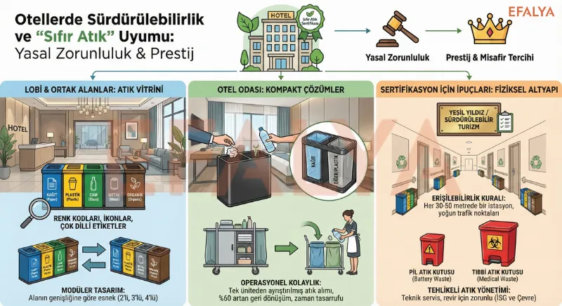 Bakanlık standartlarına uygun renk kodlu otel geri dönüşüm üniteleri, kompakt oda çözümleri ve tıbbi/pil atık kutuları infografiği.