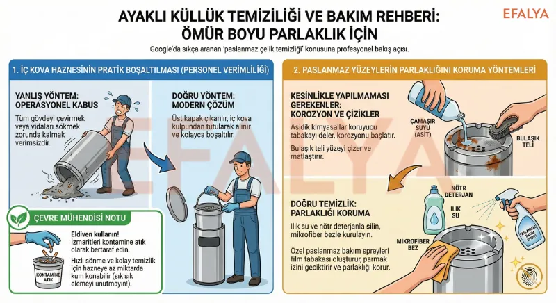 304 kalite paslanmaz çelik küllüklerin temizliği, iç kova boşaltılması ve yüzey parlaklığını koruma yöntemleri infografiği.