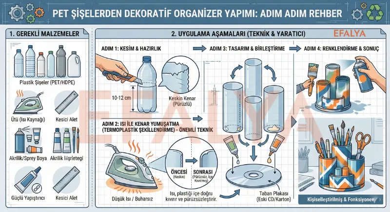 PET şişelerden dekoratif organizer yapımı rehberi; ütü ile kenar yumuşatma ve akrilik boyama aşamaları.