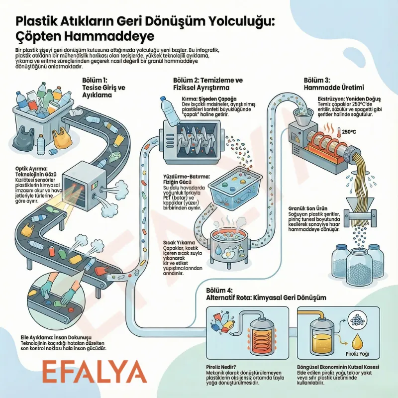Plastik atıkların geri dönüşüm yolculuğunu gösteren infografik. Görselde optik ayırma, kırma, yüzdürme-batırma yöntemiyle ayrıştırma, sıcak yıkama, ekstrüzyon (250°C'de eritme) ile granül hammadde üretimi ve alternatif bir rota olan kimyasal geri dönüşüm (piroliz yağı) aşamaları detaylandırılmaktadır.