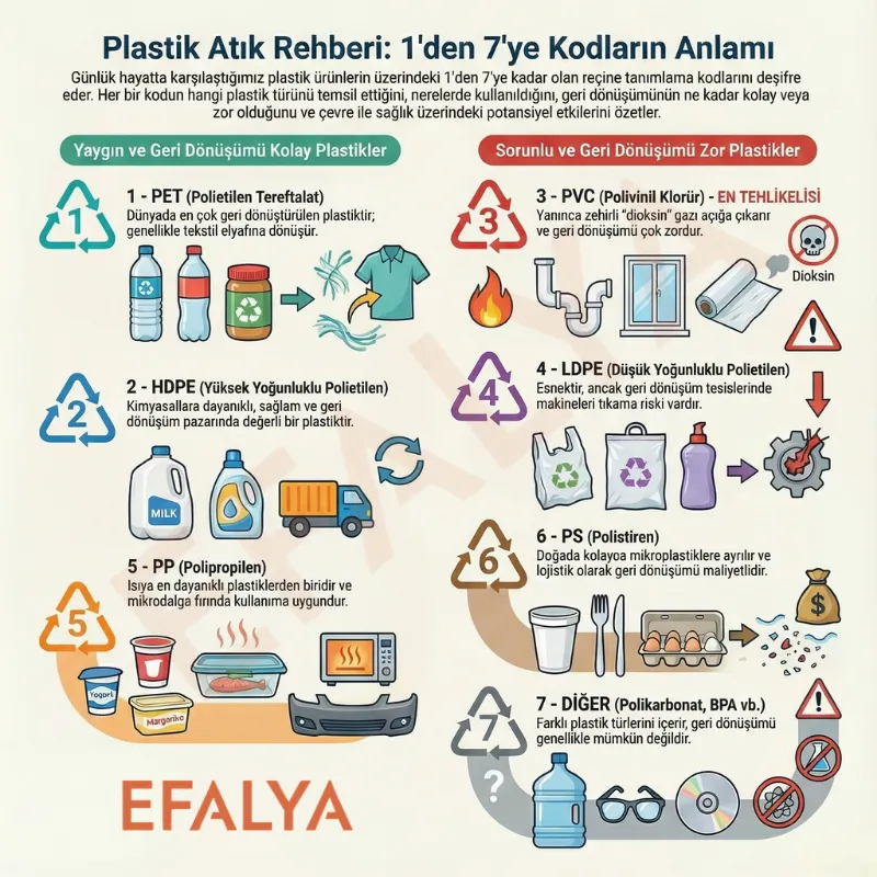 1'den 7'ye kadar olan plastik reçine tanımlama kodlarını (PET, HDPE, PVC, LDPE, PP, PS, DİĞER) gösteren, bu plastiklerin kullanım alanlarını, geri dönüşüm kolaylıklarını (PET tekstile dönüşür, HDPE değerlidir) ve zorluklarını (PVC dioksin riski, PS mikroplastik sorunu, LDPE makine tıkama riski) ikonlarla açıklayan plastik atık rehberi infografiği.