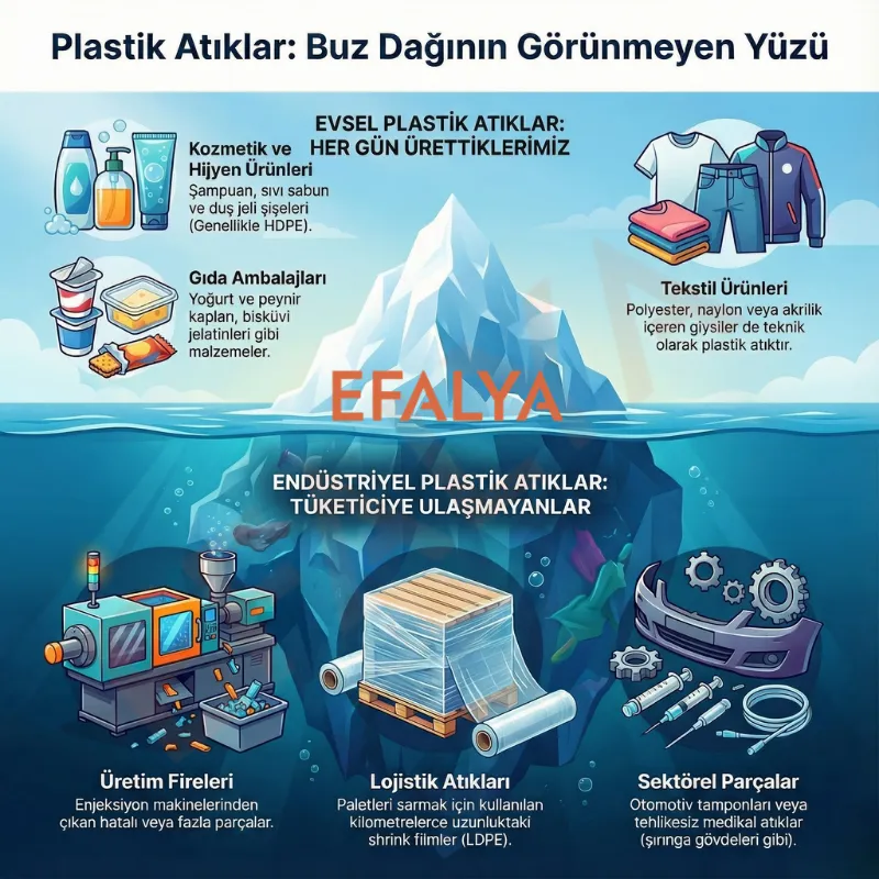 Plastik atık çeşitlerini buzdağı metaforuyla anlatan infografik. Suyun üzerinde kozmetik ambalajları, gıda paketleri ve tekstil lifleri gibi evsel atıklar; suyun altında ise üretim fireleri, LDPE lojistik shrink filmler ve otomotiv/medikal parçalar gibi endüstriyel plastik atıklar yer almaktadır.