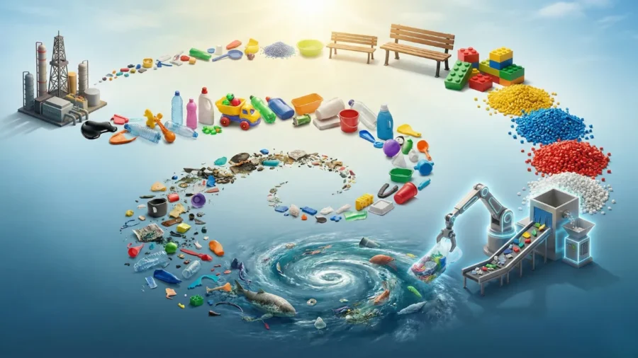 Petrol rafinerisinden üretime, denizlerdeki plastik kirliliğinden modern geri dönüşüm teknolojileri ile ayrılarak tekrar granül hammadde ve yeni ürünlere dönüşen plastik atıkların yaşam döngüsü illüstrasyonu.
