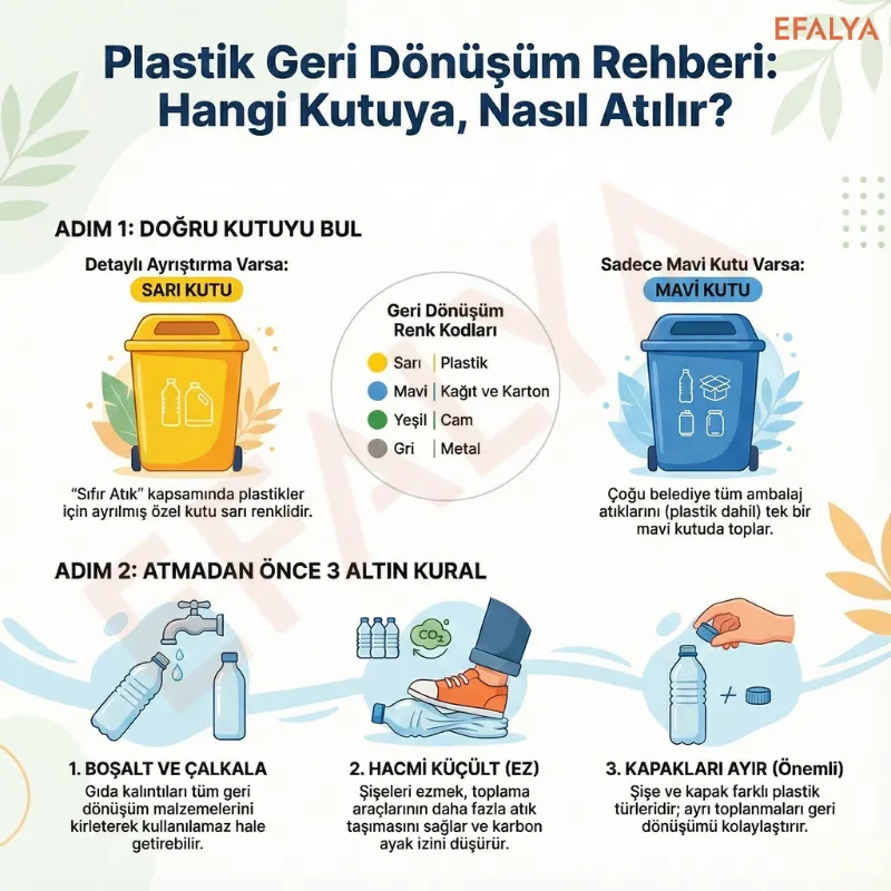 Plastik geri dönüşümünde doğru kutu kullanımı ve atık hazırlama aşamalarını gösteren rehber. Sarı kutunun (plastik) ve mavi kutunun (ambalaj) farkını; boşaltma, ezme ve kapak ayırma kurallarını adım adım anlatır.