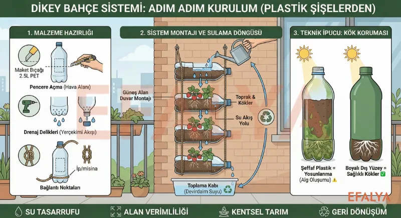 Plastik şişelerden dikey bahçe yapımı; adım adım PET şişe kesimi, drenaj delikleri açma ve kök koruma teknikleri eğitimi.