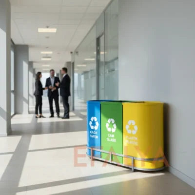 Modern bir plaza koridorunda, beyaz duvar ve cam ofis bölmeleri önünde konumlandırılmış; mavi (kâğıt), yeşil (cam) ve sarı (plastik) renk kodlu, oval hatlı 3lü boyalı metal sıfır atık seti.