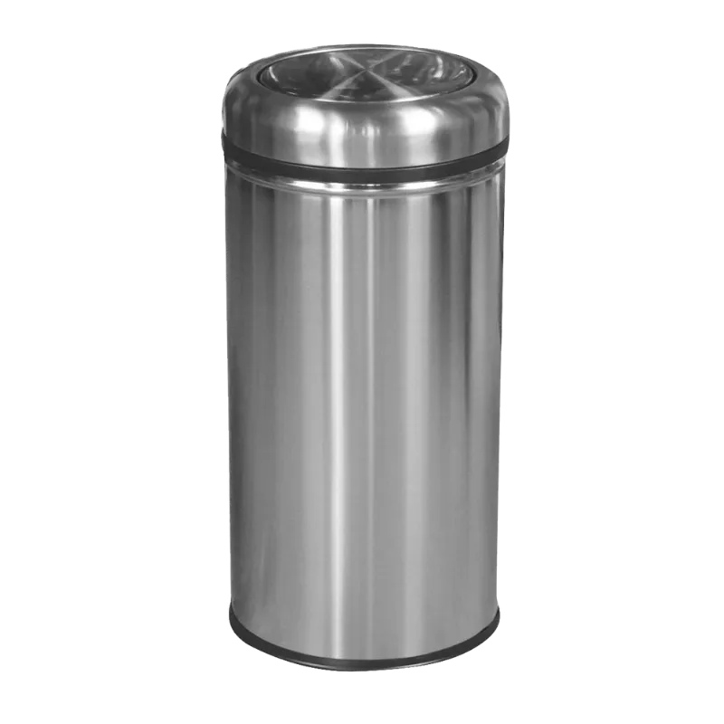 38 litre kapasiteli, paslanmaz çelik silindir gövdeli, hareketli sallanır kapak (flip-top) mekanizmalı ve siyah taban lastikli çöp kovası.