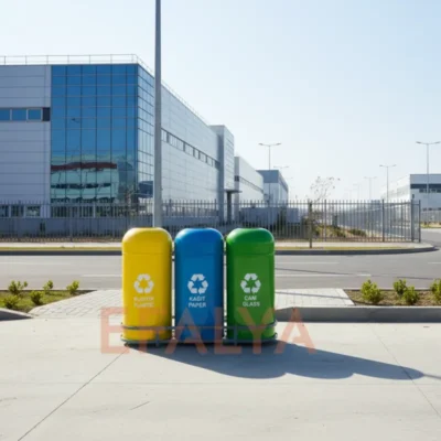 Bir fabrika binası önünde dış mekanda konumlandırılmış; sarı (plastik), mavi (kağıt) ve yeşil (cam) renkli, domed kapaklı dayanıklı 3lü metal atık standı geri dönüşüm seti.