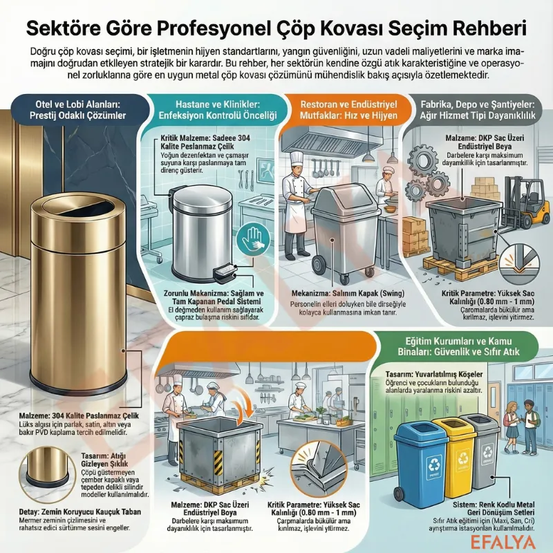 Sektöre göre profesyonel çöp kovası seçim rehberi infografiği; oteller için gold paslanmaz çelik, hastaneler için pedallı 304 kalite, mutfaklar için sallanır kapaklı, fabrikalar için ağır hizmet tipi DKP metal ve okullar için renk kodlu sıfır atık üniteleri karşılaştırması.