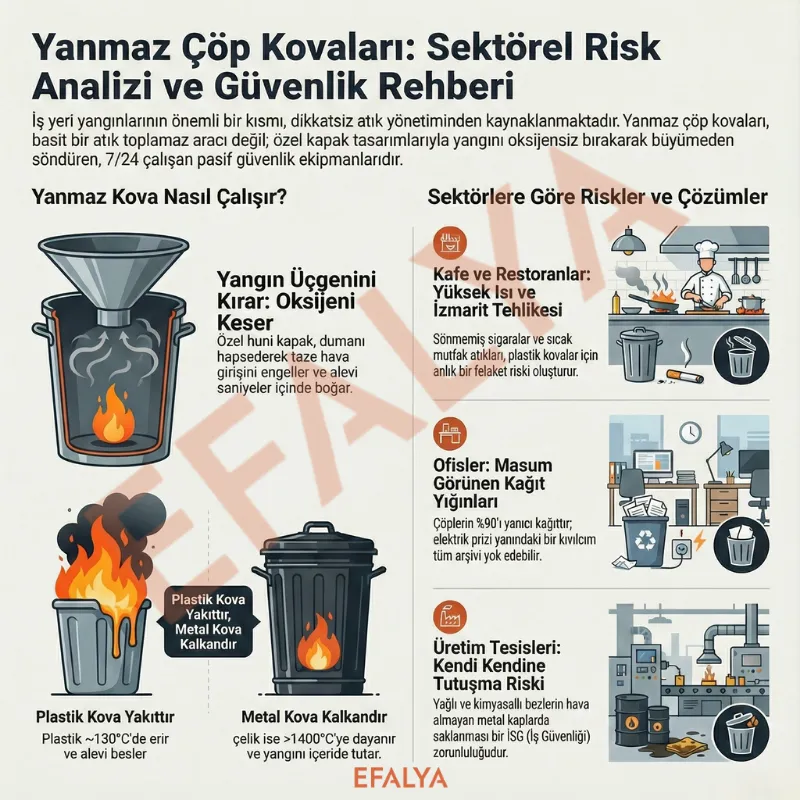 Efalya yanmaz çöp kovası çalışma prensibi ve plastik kova ile yangın güvenliği karşılaştırma infografiği.