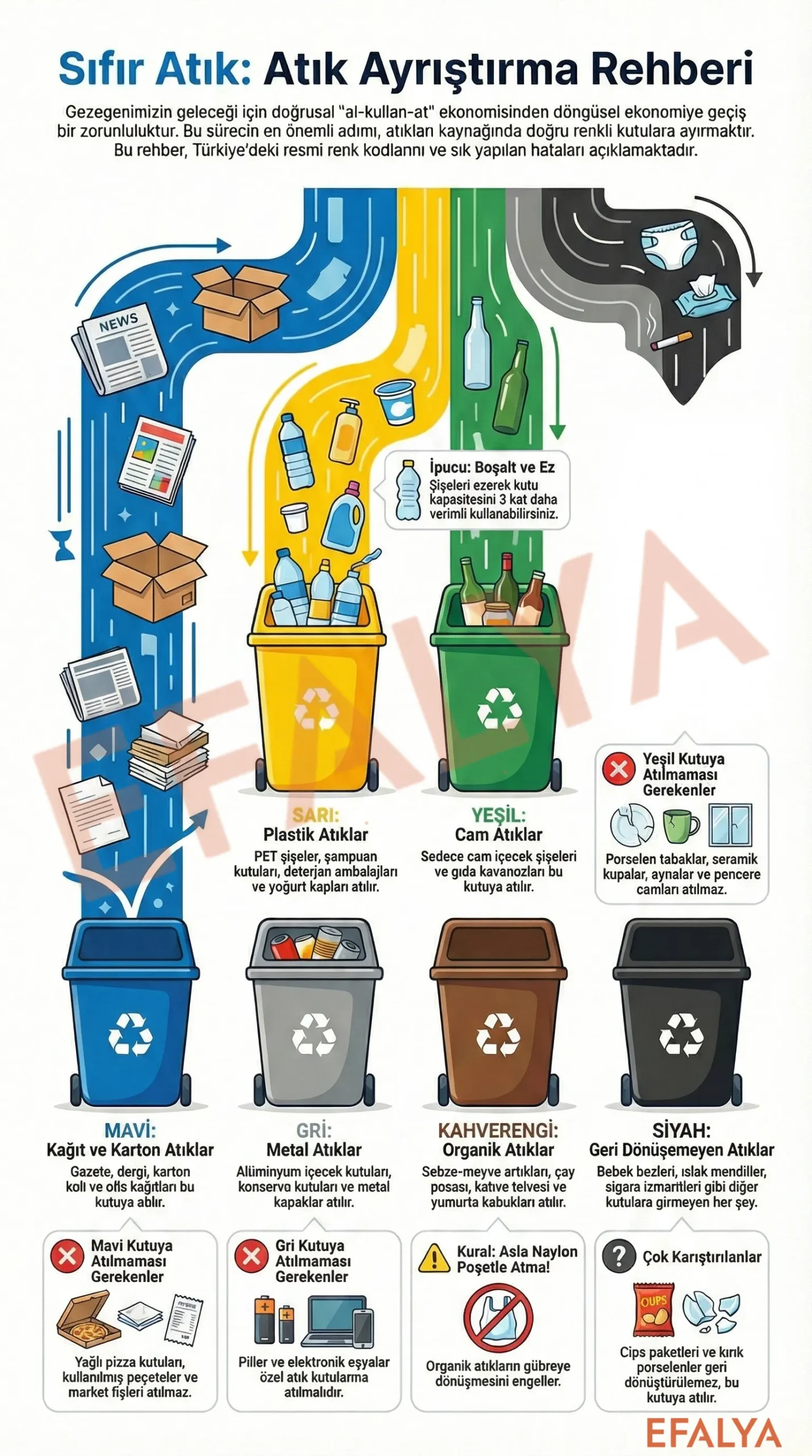 Atıkların geri dönüşüm yolculuğunu gösteren dikey infografik: Kağıt, plastik, cam, metal, organik ve geri dönüşemeyen atıkların mavi, sarı, yeşil, gri, kahverengi ve siyah kutulara ayrıştırılma şeması. Efalya sıfır atık rehberi ve yasaklı atık uyarıları.