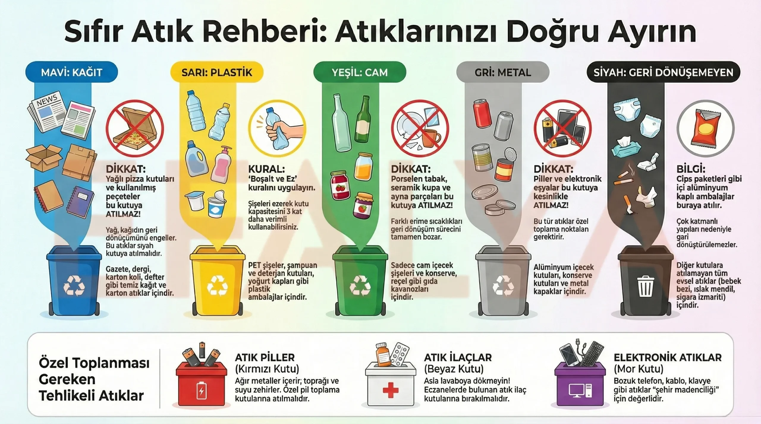 Sıfır atık geri dönüşüm renklerini gösteren detaylı infografik: Mavi (Kağıt), Sarı (Plastik), Yeşil (Cam), Gri (Metal) ve Siyah (Evsel Atık) kutulara atılması ve atılmaması gerekenler tablosu. Alt kısımda pil, ilaç ve elektronik atık ayrıştırma uyarıları.