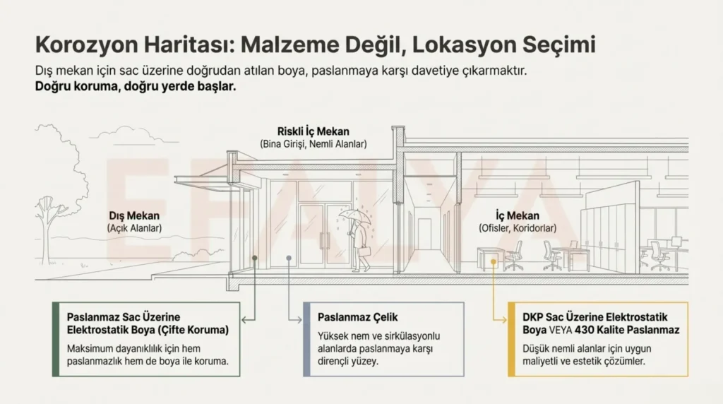 Sıfır atık kutusu malzeme seçim rehberi; dış mekan, riskli iç mekan ve ofis içi korozyon direnci haritası.