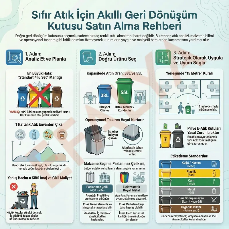 Sıfır atık kutusu satın alma rehberi infografiği; analiz, ürün seçimi, hacim hesabı ve yerleşim kuralları özeti.